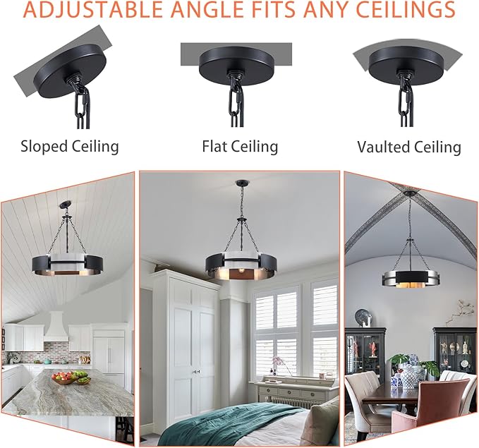 Modern Chandelier 26" Industrial Light Fixture Black and Brushed Nickel 5-Light Large Drum Pendant Lighting for Dining Room Kitchen Island Office Living Room