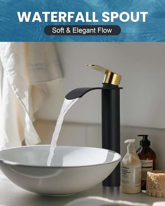Vessel Sink Faucet Black and Gold:WOWOW Single Handle Tall Bathroom Faucet - Waterfall Single Hole Mixer Bar Tap with Large Rectangular Spout, Deck Mount Lavatory Vanity with Pop Up Drain