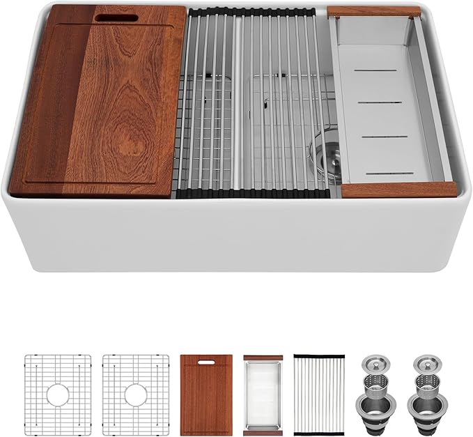Sarlai 33 White Farmhouse Sink Double Bowl - 33 Inch White Kitchen Sink Ledge Workstation Ceramic Porcelain Fireclay Double Bowl 50/50 Apron Front Reversible Deep Rectangular Farm Sinks