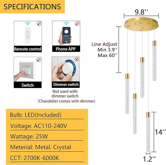 Modern Crystal Chandelier for Kitchen Island 5-Lights LED Pendant Lights Lighting for Dining Room Dimmable Ceiling Hanging 3000K-6000K