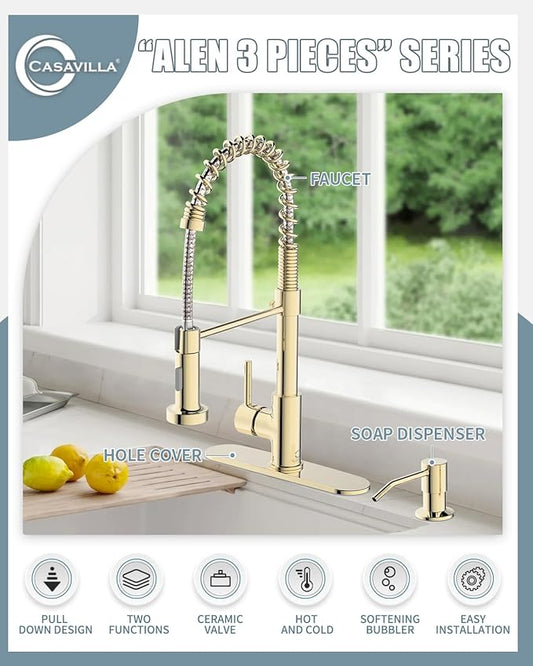 Gold Kitchen Faucet with Soap Dispenser, Pull Down Kitchen Faucet with Sprayer, Single Handle Kitchen Sink Faucet with Dual Function Spray Head, Camper Laundry RV Faucet,PVD