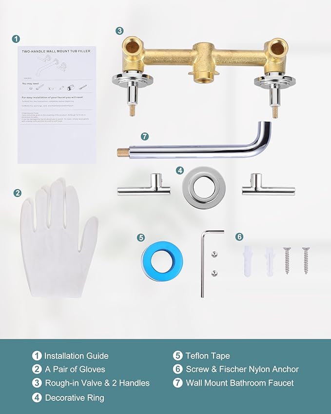 Wall Mount Tub Filler: WOWOW Chrome Bathtub Faucet Long Spout Reach, Bath Tub Filler Faucet 2 Handle Wall Mounted Bathtub Faucets with Brass Rough in Valve Included Wall Mounted Tub Faucet