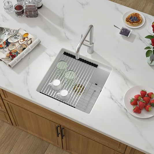 18 White Undermount Bar Sink- 18x18 Under Counter Wet Bar Prep Sink Granite Composite Quartz Workstation Sinks Quartz Natural Stone Not Easily Stained Single Bowl Small Kitchen Sinks