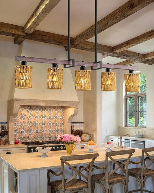 5-Light harmhouse Kitchen Island Light Fixture, Linear Chandelier for Dining Room, 5-Light Rustic Pendant Light Over Table, Handmade Woven Farmhouse Wicker Chandelier