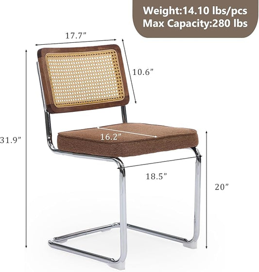 Rattan Back Linen Dining Chair Set of 2 Modern Breuer Designed Stainless Chrome Base Armless Upholstered Dining Chair for Dining Room, Kitchen Island(Coffee)