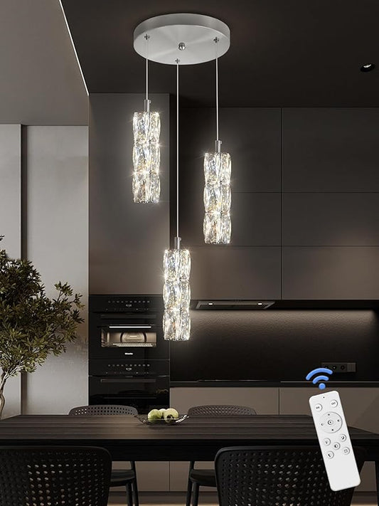ykolupty Pendant Lights Kitchen Island 3-Lights Silver Crystal Chandelier for Dining Room Hallway Stairwell,LED Dimmable 2700K-6000K