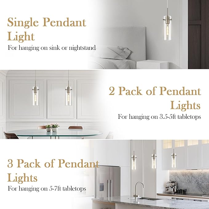 Glass Brushed Nickel Pendant Light, 3 Pack Modern Kitchen Island Pendant Lighting with Ribbed Glass, Adjustable Cord Pendant Light for Over Island, Dining Room, Bathroom, Bedroom