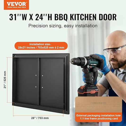 VEVOR BBQ Access Door, 788x610 mm Double Outdoor Kitchen Door, Cold Plate Flush Mount Doors, Wall Vertical Doors with Handles, for BBQ Island, Grilling Station (Stainless Steel + Oil-Sprayed Product)