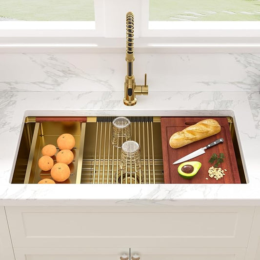 Sarlai 36 Gold Undermount Kitchen Sink Workstation - 36x19 Inch Kitchen Sinks with Ledge NANO-Tech Gold Sink Round Corner 16 Gauge Stainless Steel Single Bowl Sink Basin