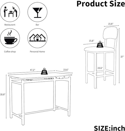 Modern Bar Height Table and Chairs Set - Compact Bar Table and Chairs for 2, Perfect as Small Kitchen Table, Kitchen Island with Seating, or Dining Table with Chairs (Gray)