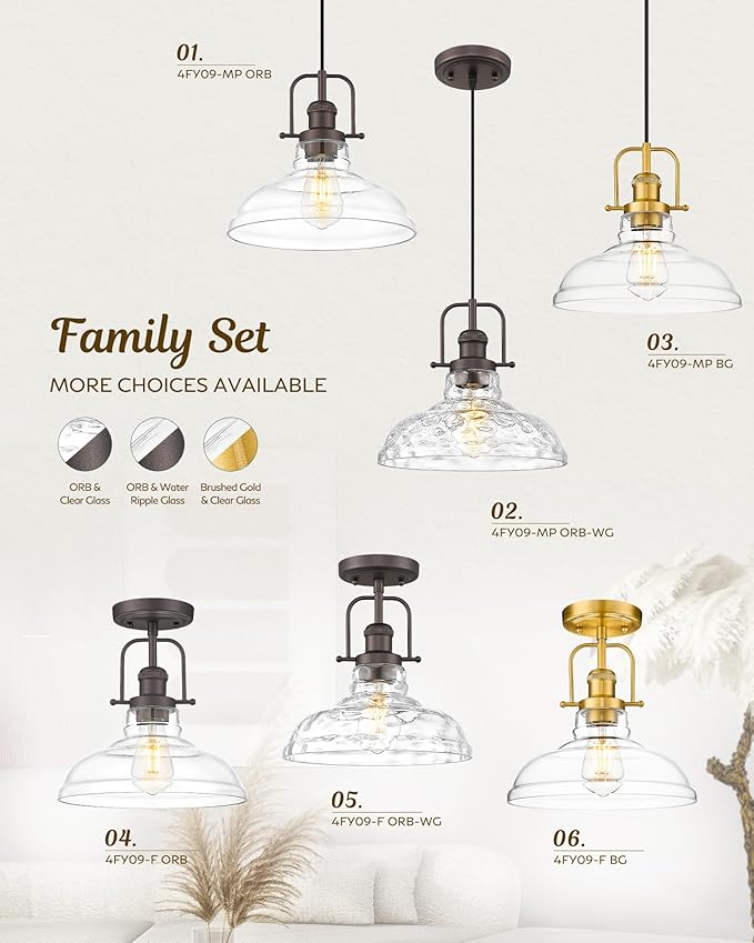 FEMILA Pendant Lights for Kitchen Island, 11" Farmhouse Hanging Light Fixture with Adjustable Height, Clear Glass Shade, Oil Rubbed Bronze, Vintage Pendant Lighting, 4FY09-MP ORB