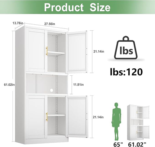 Ckzbx Pantry Cabinet 61" H Metal Kitchen Cabinet with 4 Doors, Bathroom Cabinets, 2 Adjustable Shelves for Kitchen, Home Office, Living Room, Dinning Room (White)