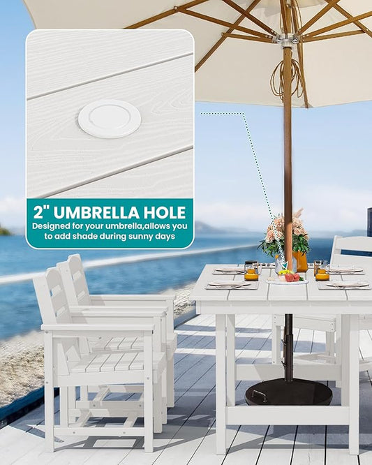 SERWALL 8-Piece Patio Dining Sets with 15FT Double Side Patio Umbrella, Outdoor HDPE Dining Furniture Set with Umbrella Hole Cut-Out Table and 6 Chairs, White(Umbreall Base not Included)