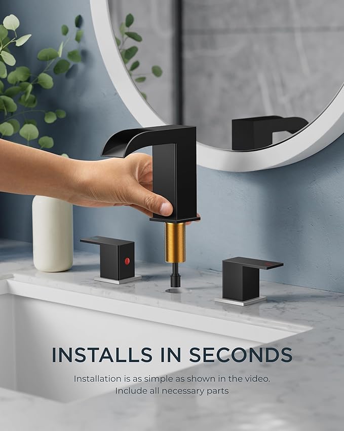 FORIOUS Square Black and Brushed Nickel Bathroom Faucets 3 Hole, Waterfall 8 Inch Widespread Bathroom Sink Faucet with Metal Pop-up Drain and Supply Lines, Two Handles for Vanity, Laundry Room, Basin