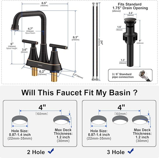Bathroom Sink Faucet, Hurran 4 inch Oil Rubbed Bronze Bathroom Faucets for Sink 3 Hole with Pop-up Drain and Supply Hoses, 2-Handle Centerset Faucet for Vanity RV Farmhouse, 2 Pack