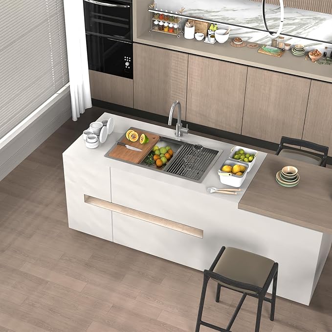Kitchen Sink Workstation,32"x19" Stainless Steel Undermount Single Bowl Sink Built-in Ledge Drop In Workstation Sink Design For Placing/Sliding Accessories-Cutting Board,Drying Rack,Colander