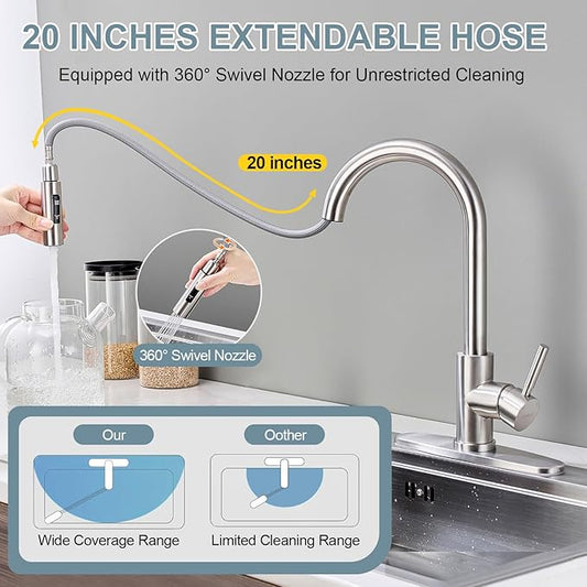 Kitchen Faucets with Pull Down Sprayer, Brushed Nickel Single Handle High Arc Stainless Steel Sink Faucet with Deck Plate, 1 or 3 Hole Deck Mount for RV, Bar, Farmhouse, Laundry, Outdoor
