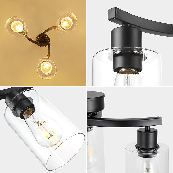 Sigaitwei 3-Light Modern Farmhouse Chandelier for Dining Room Light Fixtures,16.5" Black Kitchen Island Pendant Lighting, Adjustable Hanging Light for Dining Room with Clear Glass Shades