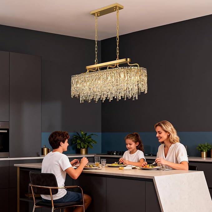12-Lights Modern Gold Crystal Chandeliers for Dining Room Light Fixtures Over Table | L36" Luxury Crystal Chandeliers for Kitchen Island | Oval Hanging Lighting for Living Room Bedroom Bathroom