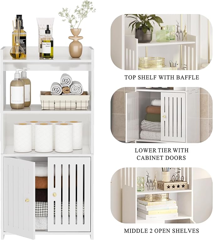 HAYOFAMY Bathroom Storage Cabinet, 4-Tier White Floor Cabinet Freestanding Organizer with Door for Living Room Kitchen Small Space (8.7" D x 14.2" W x 29.5" H)