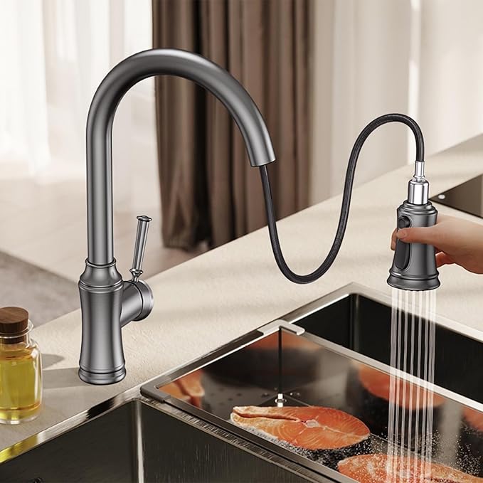 Kitchen Faucet with Pull Down Sprayer, Single Handle High Arc Utility Sink Faucet with Deck Suitable for bar for Kitchen Sink, Laundry Sink, Wet Bar or RV, Brushed Grey