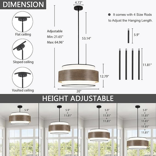 Luupyia 20 Inches Drum Chandelier with Metal and Fabric Shade, 5Lights Farmhouse Drum Pendant Light Large Rustic Chandelier, Height Adjustable Pendant Lighting for Ktichen Island Dining Room E26