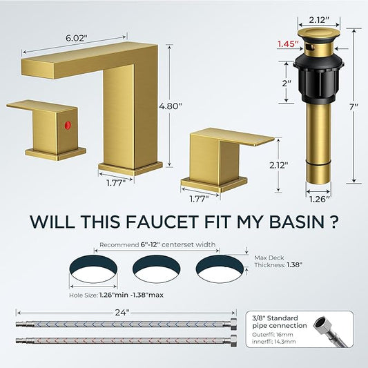 FORIOUS Brushed Gold Bathroom Faucet 3 Hole, 8 Inch Widespread Waterfall Bathroom Sink Faucet Gold with Metal Pop-Up Drain and cUPC Supply Lines Included for Restroom, Lavatory, Vanity Sink