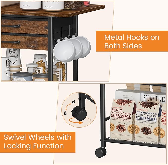 Snughome 5 Tier Rolling Coffee Cart with 2 Large Drawers & Removable Dividers, Extra-Wide Coffee Bar Cart with Storage, Farmhouse Coffee Station Cabinet for Living Room, Kitchen, Office