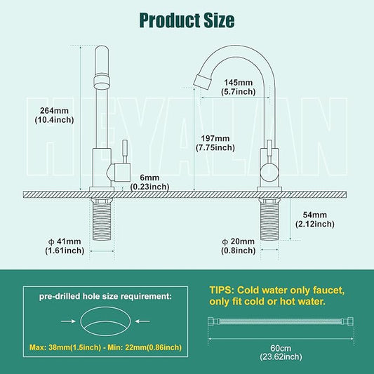 Heyalan Matte Black Cold Water Only Kitchen Faucet SUS304 Sink Faucets High Arc Gooseneck 360 Degree Rotation Spout Basin Tap with Longer Thread Pipe