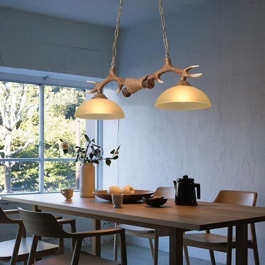 Retro Deer Horn Chandelier, Resin Pendant Light Antler Hanging Ceiling Lamp Fixture 2 Light Sunset Glass Shades Vintage Style Chandelier for Living Room Bar Cafe Dining Room Indoor Decorative