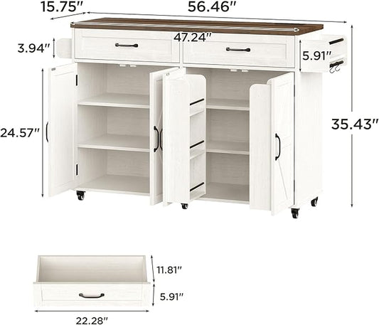 FiveWillowise Farmhouse Buffet Cabinet with 2 Drawers and Charging Station, Mobile Kitchen Island with Spice Rack and Towel Rack, Kitchen Island Cart, Home Bar Carts with Storage,White