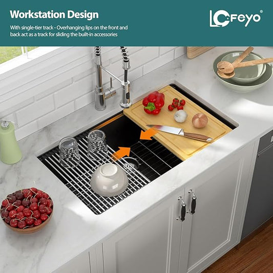 33 x 19 in Undermount Modern Quartz Granite Composite Workstation Kitchen Sink, Deep Single Bowl Basin with Accessories, Matte Black