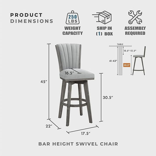 Lexicon Swivel Bar Stools Set of 2, Wood Frame Bar Height Stools with Footrest and Back, for Kitchen Island, Dining Room, 30.5" SH, Grey Finish and Thick Grey Velvet Cushion Seat