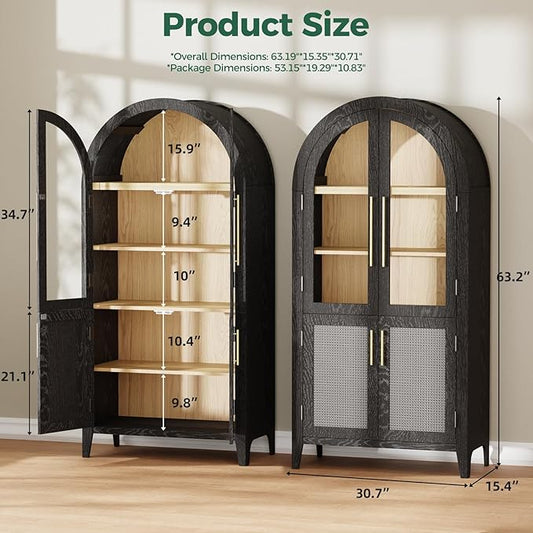 63" Arched Storage Cabinet with Glass & Rattan Door, 5-Tier Modern Farmhouse Kitchen Pantry Cabinet Kitchen Storage Cabinet Adjustable Shelf for Living Room Dining Room Office, Black
