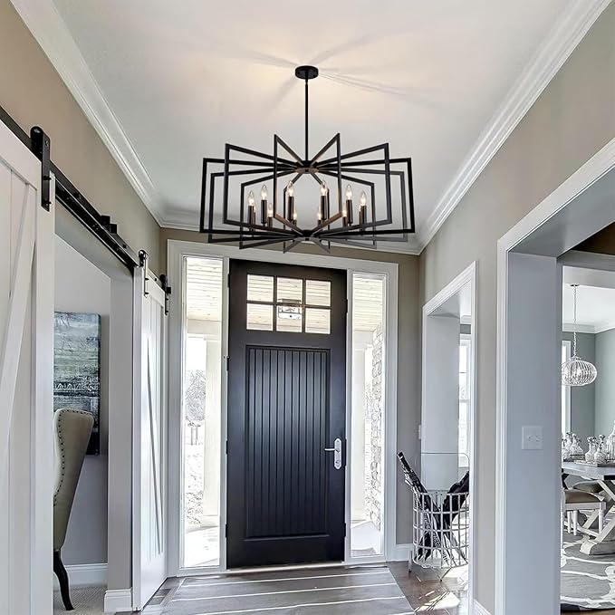 Black Chandelier for Dining Room,12-Light Dining Room Light Fixture Modern Geometric Metal Hanging Industrial Chandeliers for Entryway Kitchen Island Foyer Farmhouse Chandeliers