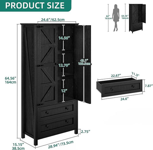 YITAHOME Farmhouse Kitchen Pantry Cabinet, 64.5" Tall Storage Cabinet with 2 Drawers & Adjustable Shelves, Ideal for Kitchen, Living Room, or Entryway, Oak Black
