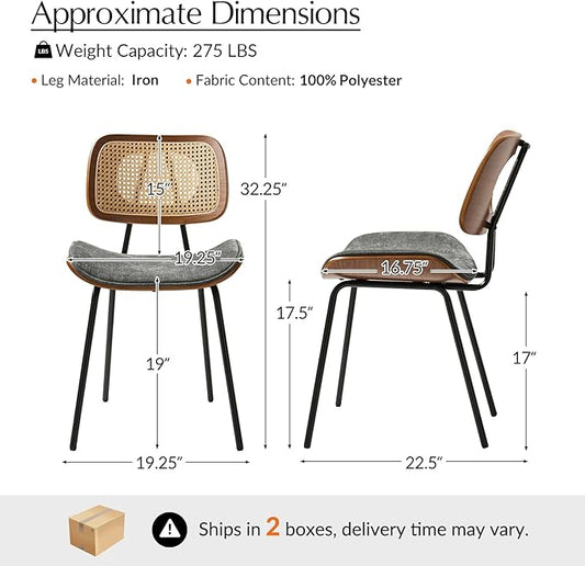 HULALA HOME Rattan Dining Room Chairs Set of 4, Farmhouse Upholstered Kitchen Chair with Square Woven Backrest, Metal Legs, Accent Side Chairs for Dining Living Room Resurant Cafe - Dark Gray