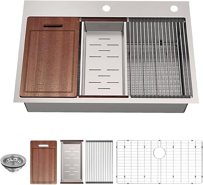 33-inch Undermount/Drop-in Kitchen Sink - 33''×22'' 18 Gauge Stainless Steel Workstation Sink Handmade Deep Single Bowl with Accessories (Strainer/Grids/Cutting board/Rolling Rack/Colander), Updated