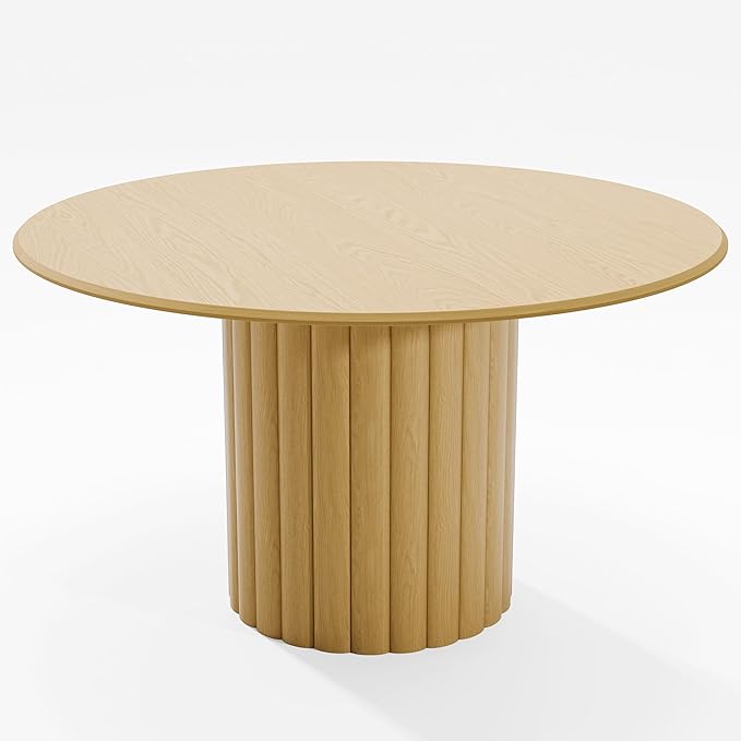 Casaphoria 52" Round Dining Table, Modern Wood Kitchen Table with Cylindrical Wide Bar Protruding Base for Living Room & Dining Room, Easy Assembly Farmhouse Furniture for 4-6, Oak