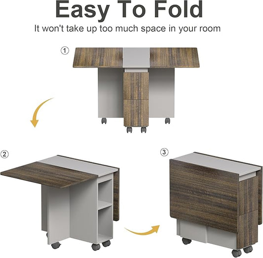Brown Folding Drop Leaf Dining Table Set for 4 with 4 Chairs, Space Saving Kitchen Table with Storage Shelf, 55"L x 31"W x 29"H Foldable Table on Wheels, Portable Small Dining Table for Apartment RV