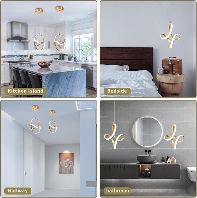 2 Packs Modern Led Pendant Light 5500K Cold White Kitchen Island Pendant Light Fixtures Adjustable Height Led Pendant Lamp for Kitchen Island Dining Room Hanging Light, 2 Packs (Gold)