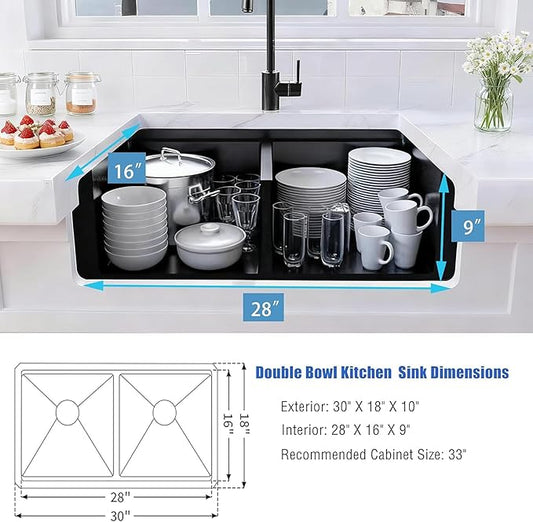 Black Undermount Kitchen Sink 30 x 18 Inch, 50/50 Double Bowl Kitchen Sinks, 16 Gauge Stainless Steel Workstation Sink with Ledge & Accessories, 30" x 18"x 10" Large and Deep Double Sink