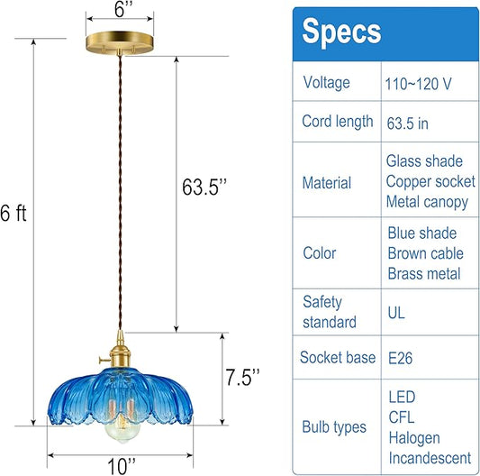 Pendant Light Fixture, Hanging Light Fixture, Glass Shade Pendant Light with Rotary Switch, Modern Lamp for Kitchen Island, Bedroom, Dining Room, Living Room (Blue Lotus, Hard-Wired)