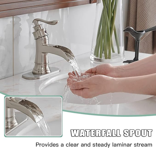 BWE Bathroom Faucet Brushed Nickel Waterfall Single Handle Hole Sink Faucets Bath Vanity Lavatory Vessel Commercial Satin with Water Supply Hose