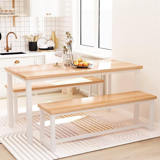 Recaceik 47" Dining Room Table Set with 2 Benches, Kitchen Dining Table Set for 4-6, Space Saving Kitchen Table and Chair Set for Dining Room, Small Space, Breakfast Nook(Walnut)