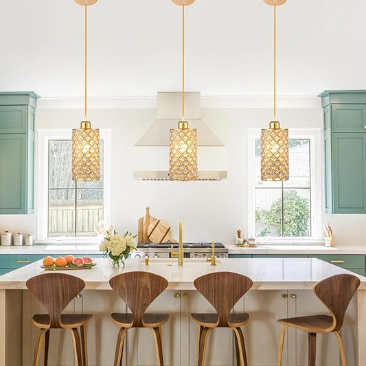 Modern Mini Crystal Pendant Light, Adjustable Gold Chandelier Flush Mount Ceiling Fixture for Kitchen Island, Dining Room, Bedroom, Hallway – E26/E27 Base