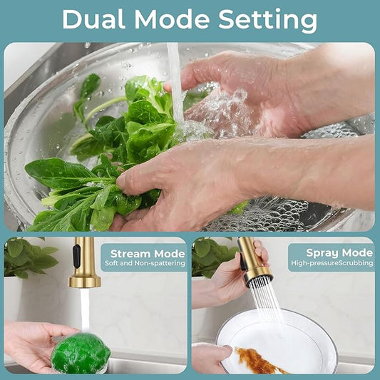 Kitchen Faucet with Pull Down Sprayer,Commercial Single Handle Stainless Steel Kitchen Faucets with Deck Plate (Brush Gold)