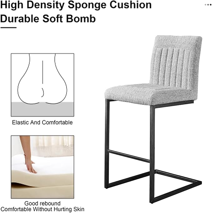 26" Counter Height Bar Stools Set of 2, Modern Upholstered Chairs with Vertical Tufted Backrest & Footrest, Metal Frame for Kitchen Island, Home Bar (Light Gray Knitted)