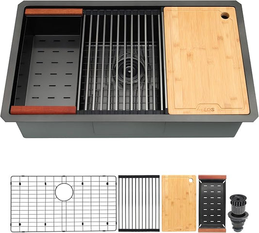 LQS Black Undermount Kitchen Sink, 32 Inch Undermount Kitchen Workstation Sink with X-Shaped Drain Line, 10 Inch Deep Single Bowl Black Kitchen Sinks For Modern Kitchen