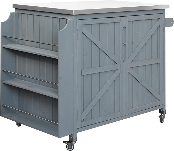 JIJIWANG 42.1" Outdoor Kitchen Island with Stainless Steel Top and Side Shelf, Outdoor Grill Cart with Storage Cabinet and Adjustable Shelves, Kitchen Cart on Wheels for Small Spaces Grey Blue
